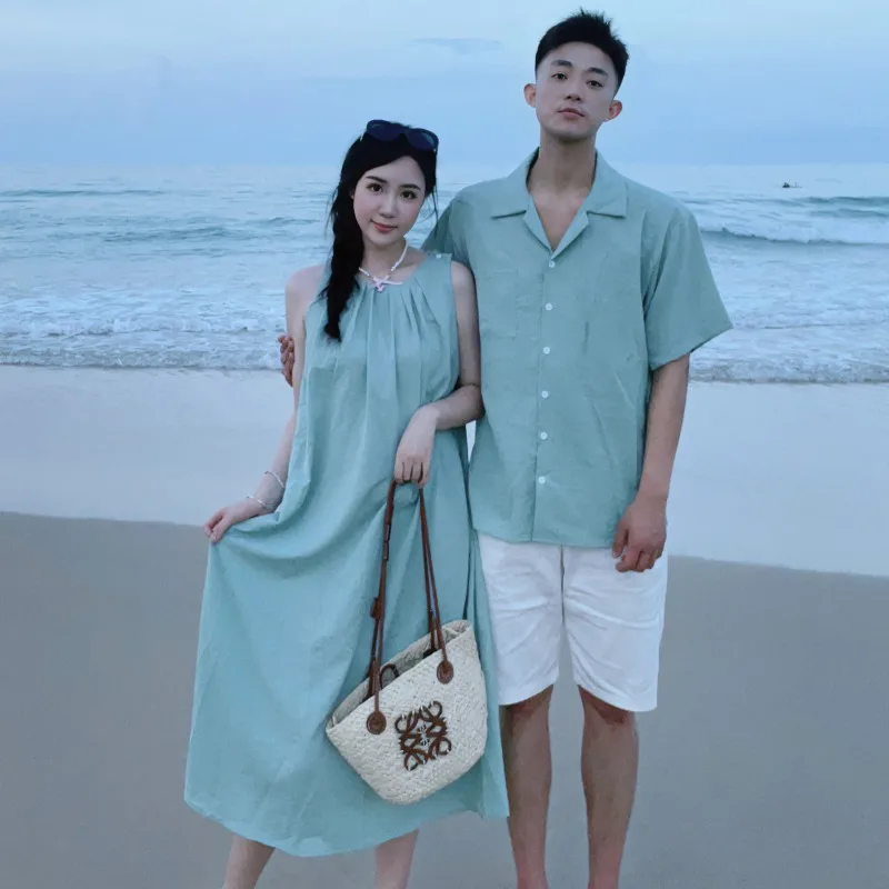 Plus size Men's Shirts Mid-Length Bohemian Girls' Dress Hainan Sanya Tourism Vacation Beach Seaside Couple