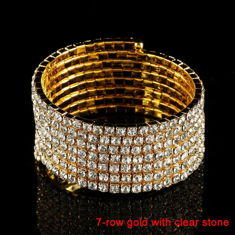 7-10 Rows Rhinestone Bangle Bracelet Silver Plated and Gold Color Metal Sparkly AB Crystal Indian Bangles for Women