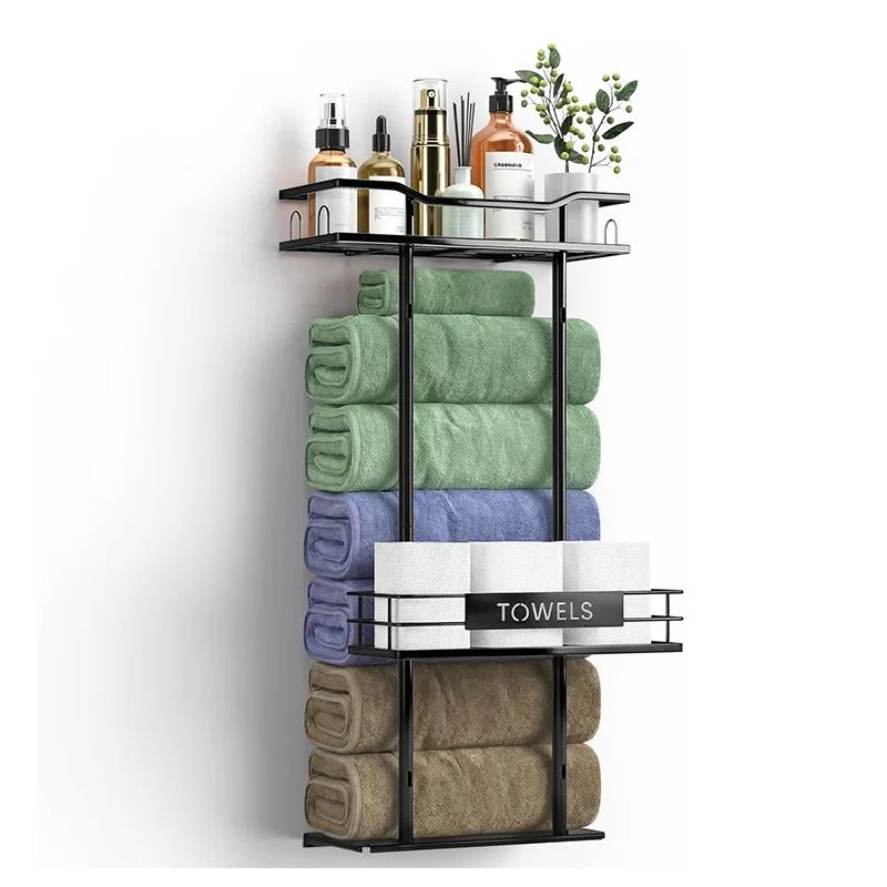 Wall-Mounted Towel Rack with Built-in Bathroom Shelf, Versatile Storage Holder for Towels & Toiletries