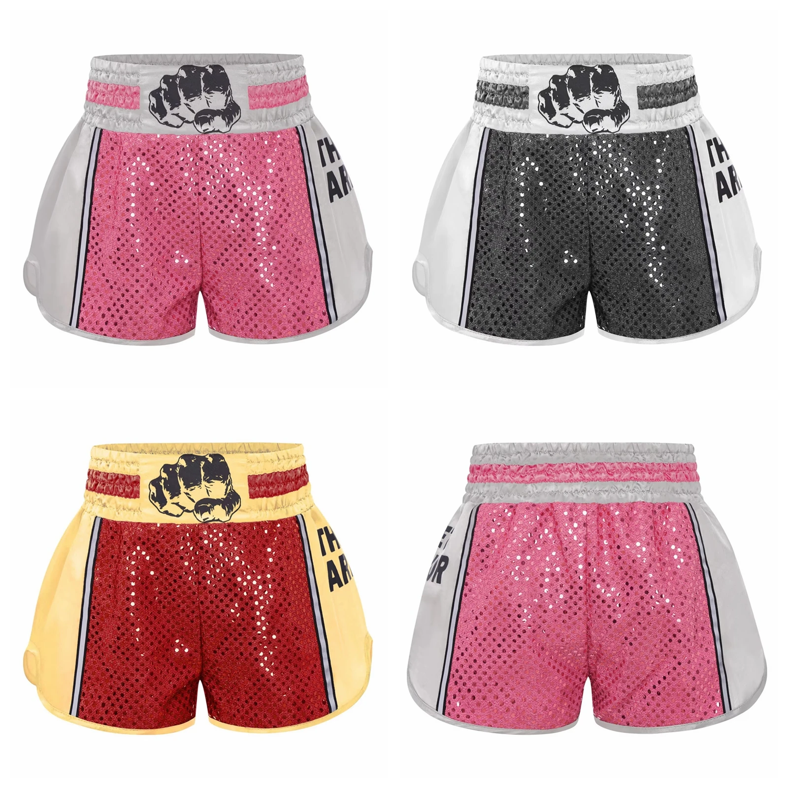 Kids Boys Girls Boxing Trunks Boxer Shorts Children Fighting Competition Training Shiny Sequins Muay Thai Boxing Short Pants