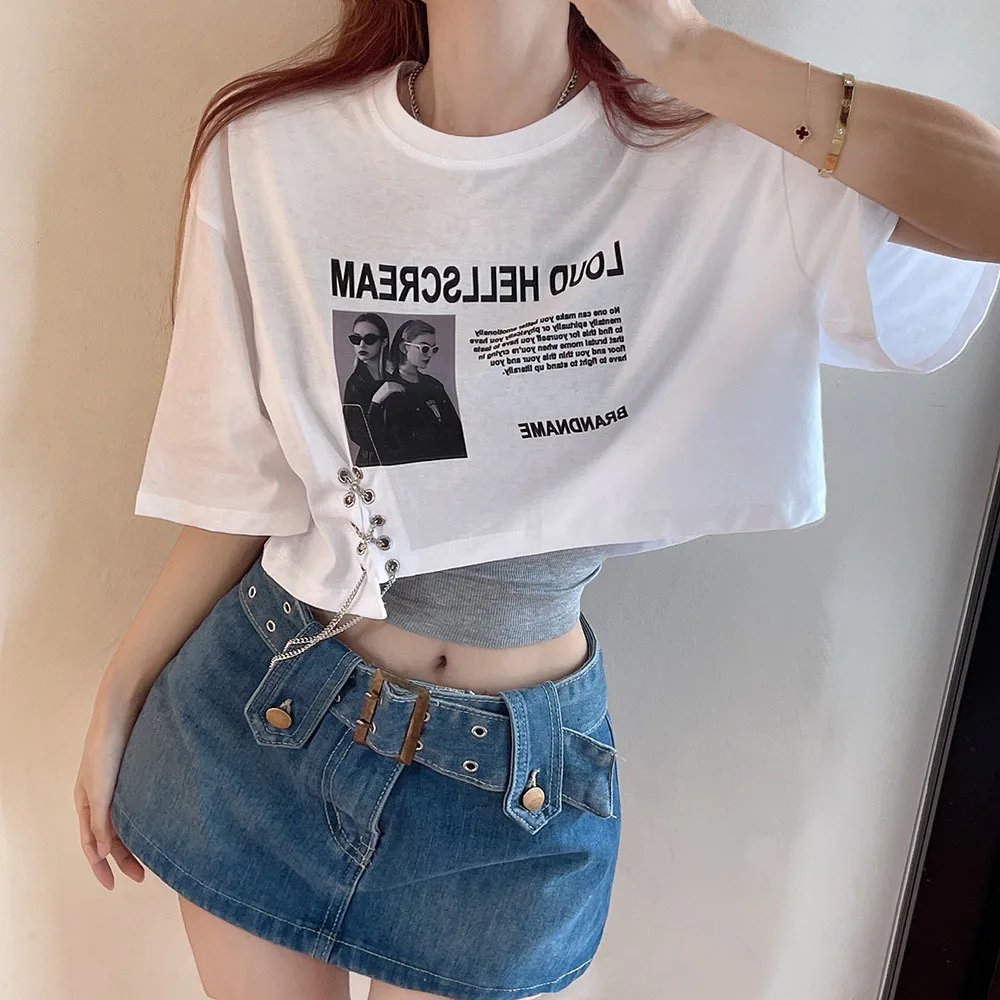 Summer New Letter Print T-shirt Women\'s Loose Open Navel Short Sleeve Hot Girls Crop Top Street Chic Female Chain Retro Tees Y2k