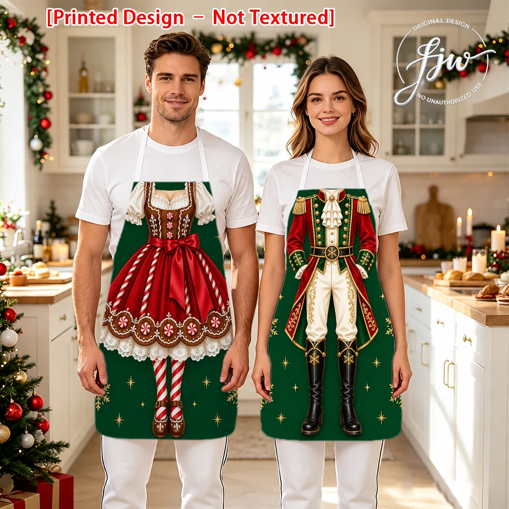 2pcs Christmas Couples Matching Aprons Vintage Nutcracker and Gingerbread Maid Printed Holiday Kitchen Aprons for Party Cooking