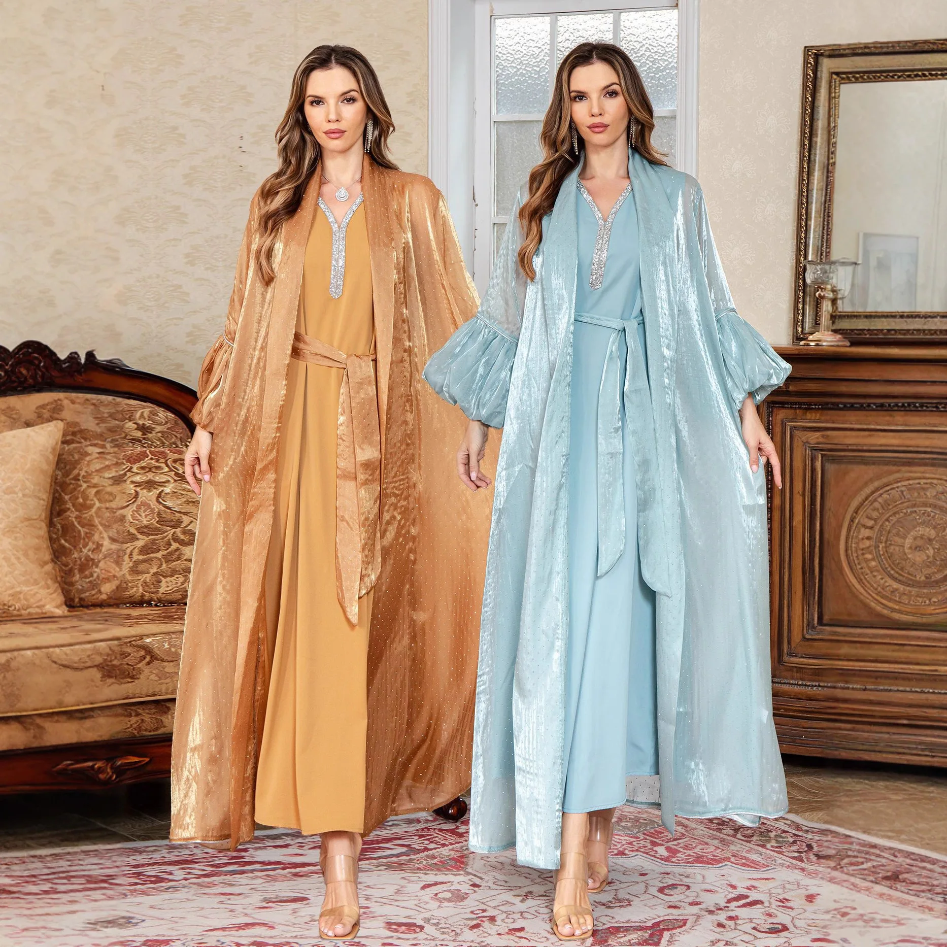 2026 New Muslim Beaded Robe Abaya Two Piece Set Dubai Dress Elegant Arabian Robe