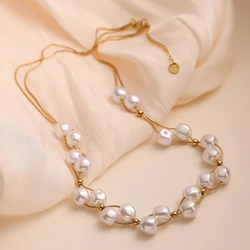 NEWBUY High Quality Non-Fading Stainless Steel Jewelry Gold Color Double Layer Snake Chain Irregular Pearls Choker Necklace