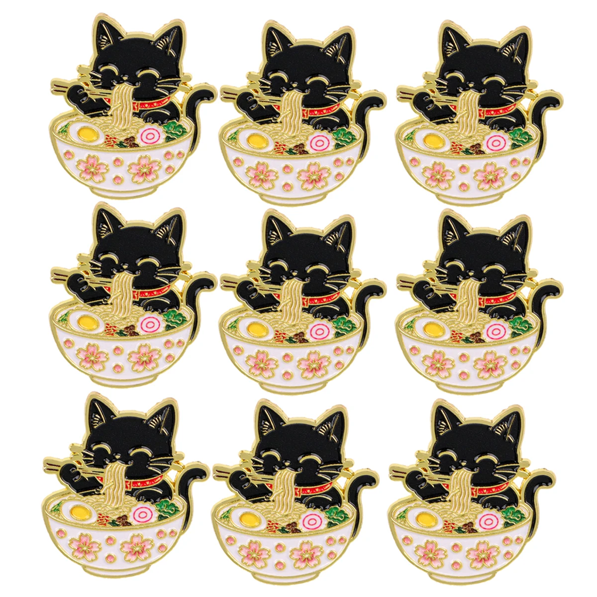 9-teiliges Emaille-Pin-Set mit Katzen, die Nudeln essen, Cartoon-Tierbrosche für Mantelkragen, Reversnadeln, Metallabzeichen, Schmuckgeschenk für Freunde