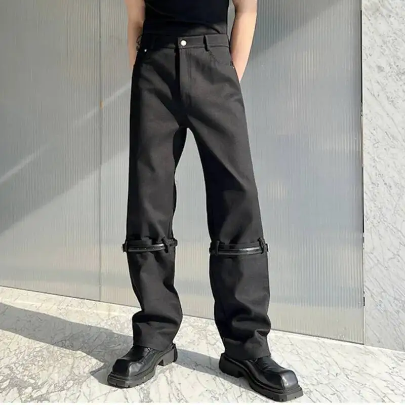 Men's Solid Color Jeans Pants Slim Fitting Straight Belt Spliced Versatile Denim Pants Men Streetwear Korean Style Trousers