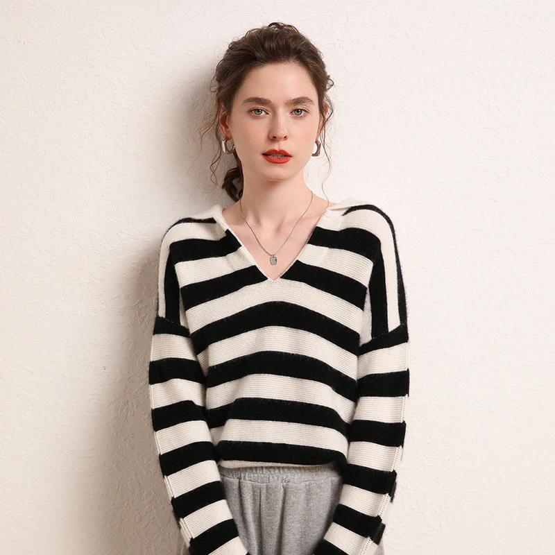 WinvyNee Women Cashmere Wool Striped Sweaters Polo V Neck Casual Loose Outerwear Warm Knitted Pullovers Oversize Autumn A1044020