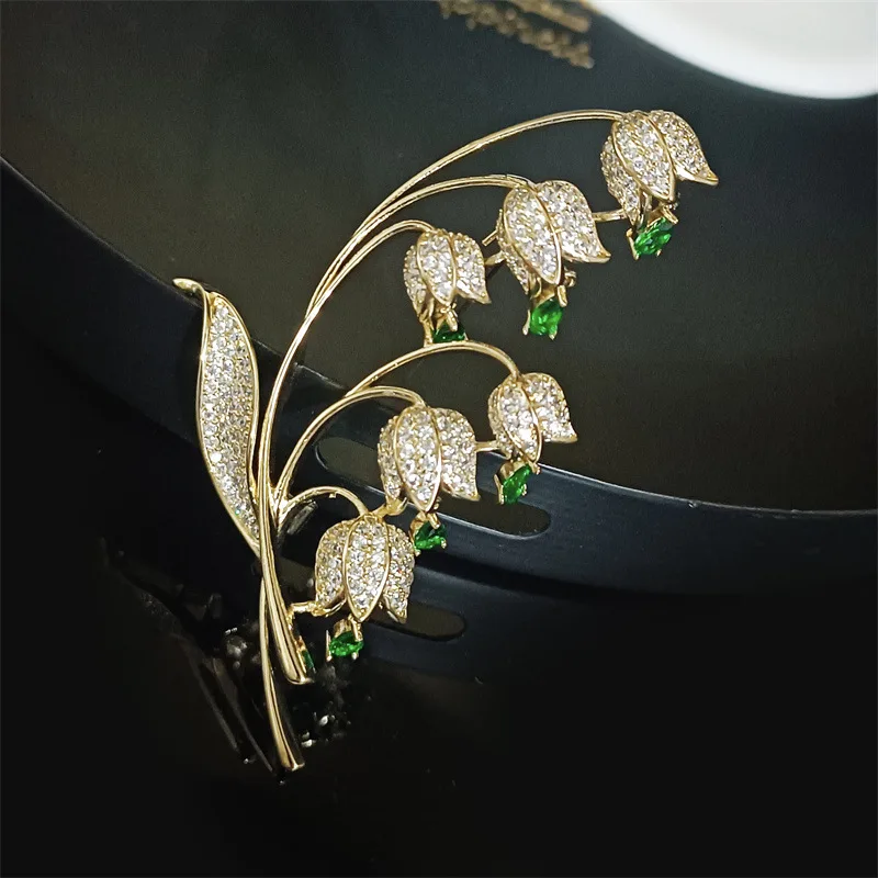 OKILY Brooches 2024 Fashionable Zircon Lily of The Valley Broochpins Autumn Winter Coat Floral Accessory Pins Broch for Clothing