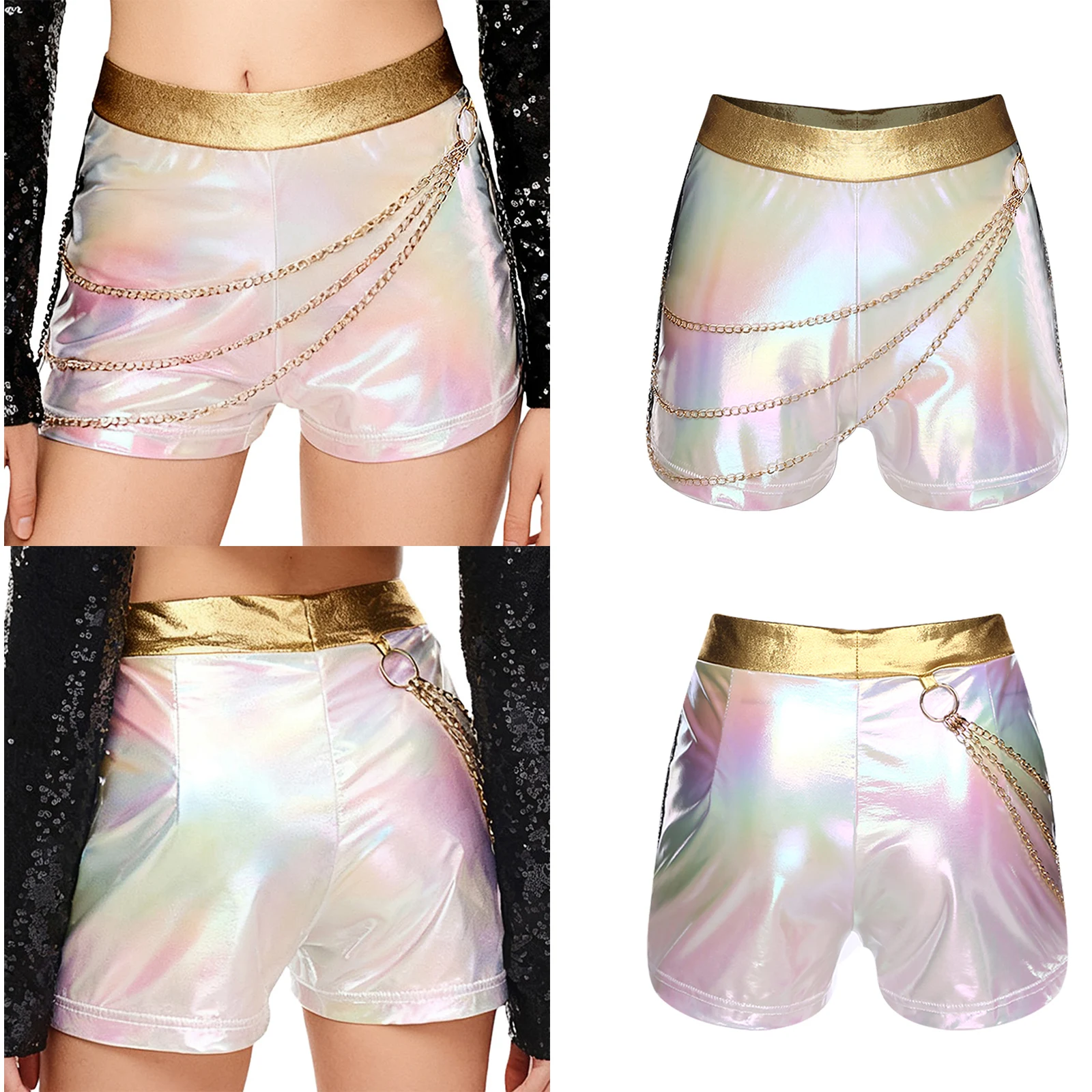 المرأة الهيب هوب المغني الجاز ملابس رقص شورت معدني لامع مزين بسلاسل قابلة للفصل ل الهذيان الموسيقى حفلة الرقص القاع #5