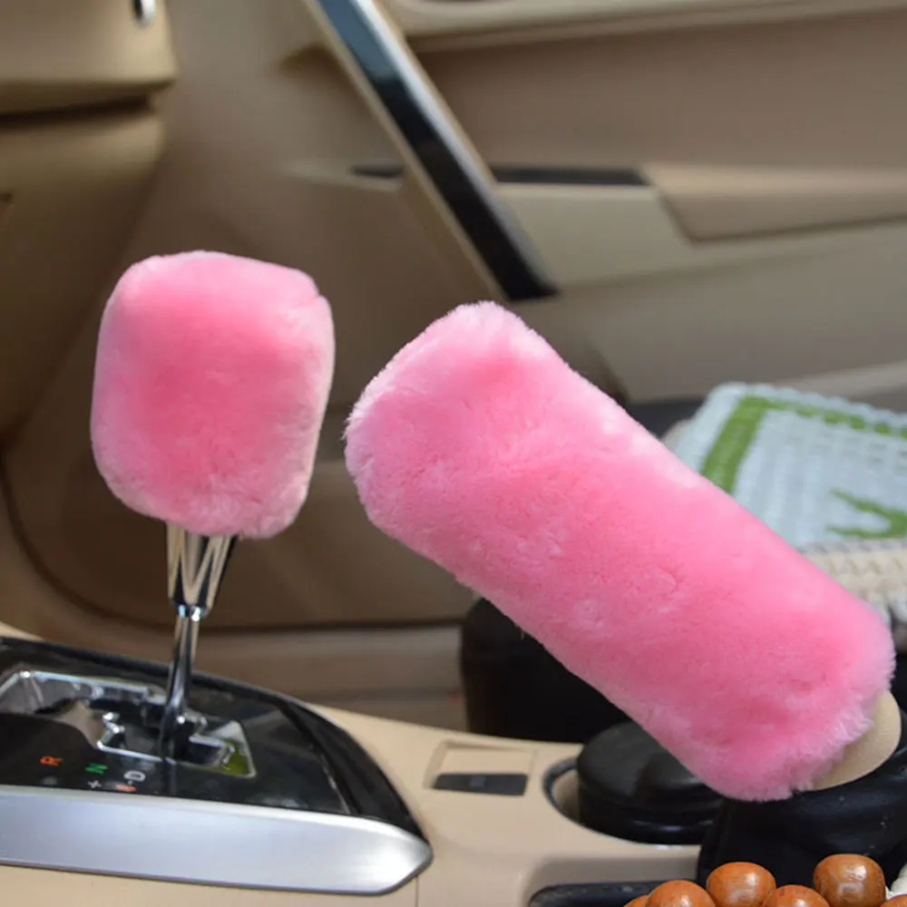 2pcs Car Gear Shift Knob Head Handbrake Hairy Plush Cover Trim Protector Autumn Winter Pink Red Cute Soft Warm Accessories