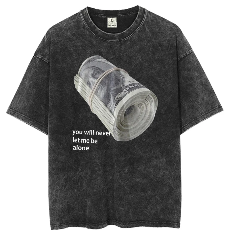 Mens Vintage Streetwear T Shirt Bundle of Banknotes Printed Cotton Short Sleeve Tees Summer Washed unisex Distressed T-shirts