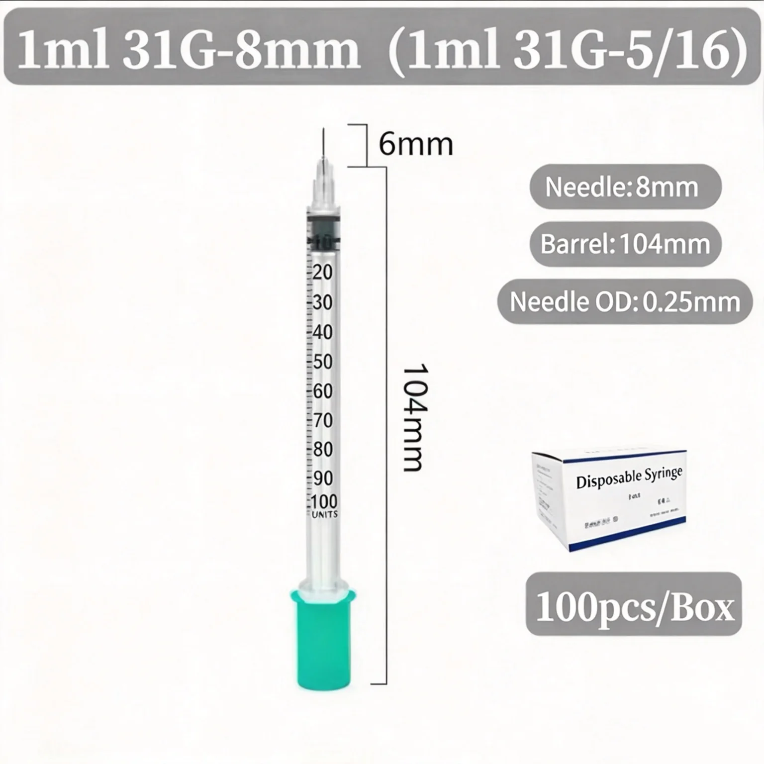 Disposable 1ml Syringe 31G 8mm Needle 100IU Yellow Purple Green Color Cap, Micro Sampling, Veterinary Lab Liquid Dispensing