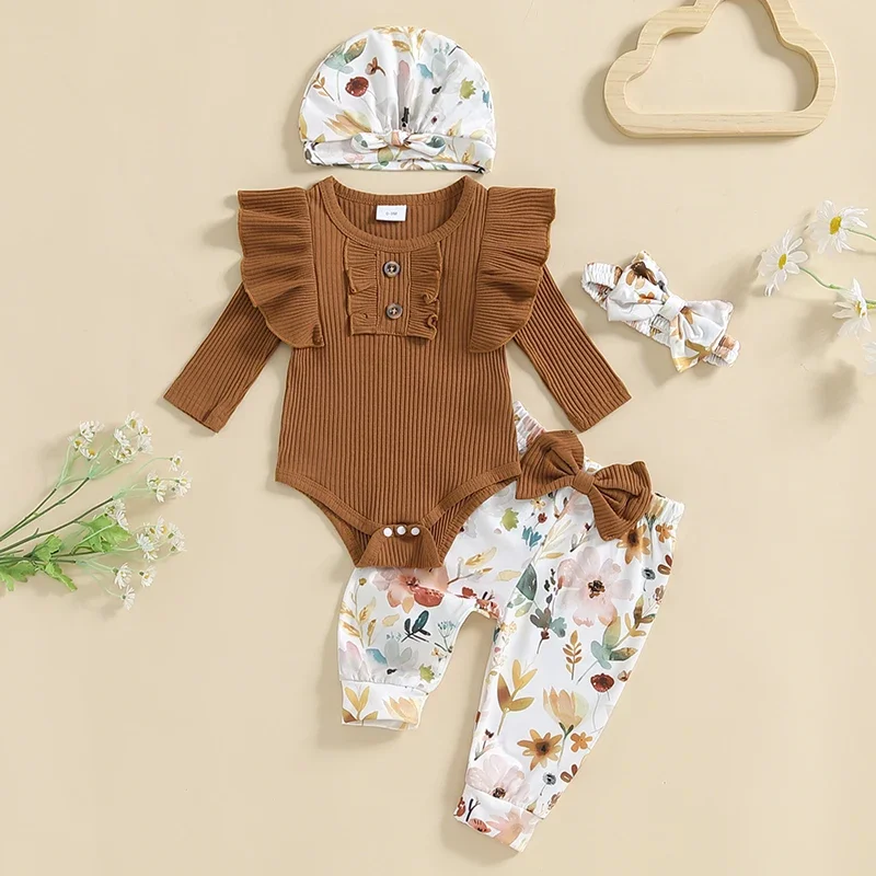 Baby Clothing Girl Ribbed Long Sleeve Romper Flower Print Pants Headband Hat Autumn Spring Outfits Newborn Clothes