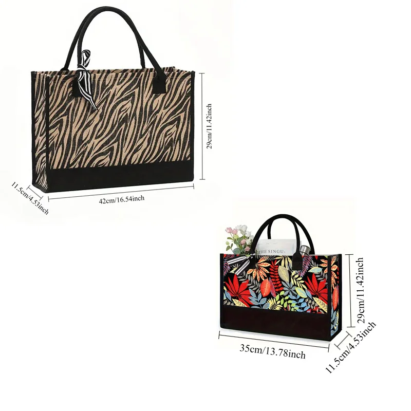 Large Capacity Jute Size Two Sizes Geometric Maple Leaf and Leopard Zebra Print Thickened Tote