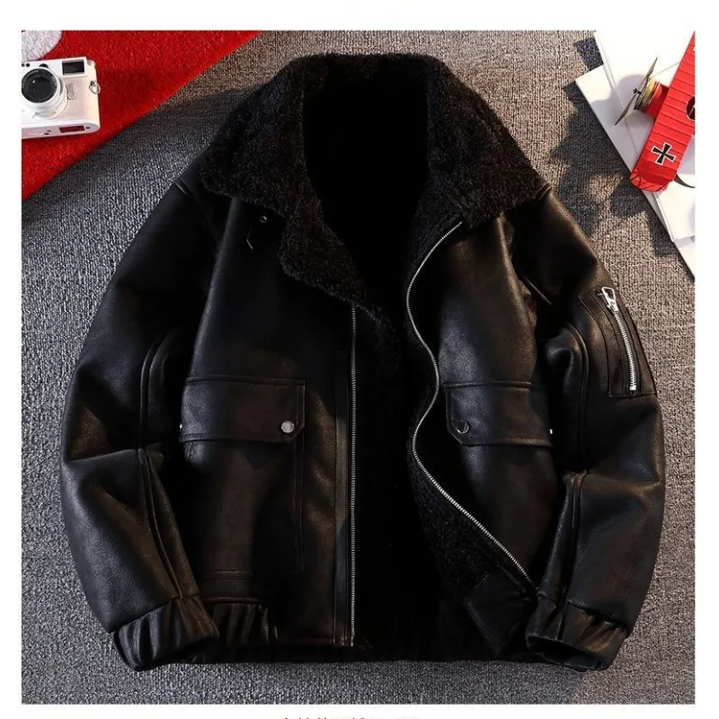 

A Trendy Stylish and High-end Faux Fur One-piece Warm Jacket Winter New Retro Motorcycle Suit Leather Jacket Fashion Outerwear