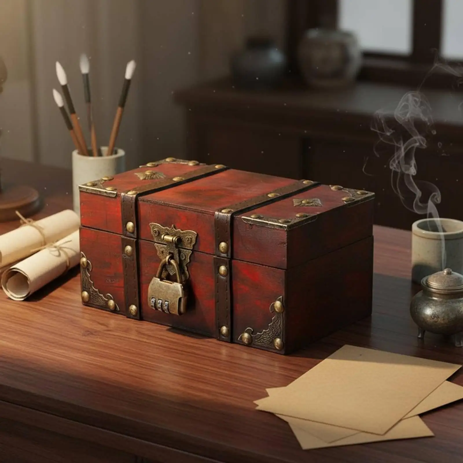 Classic Red Antique Storage Case for Jewelry Box Wooden Organizer with Butterfly Latch and Lock