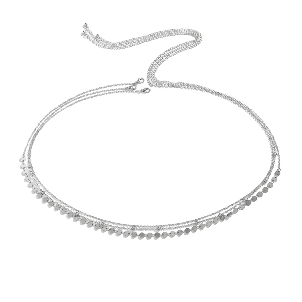 Body Chain Multilayer Metal Sequins Geometric Beaded Thin Waist Belt Women Glamorous Night Adjustable Silver Tone Premium