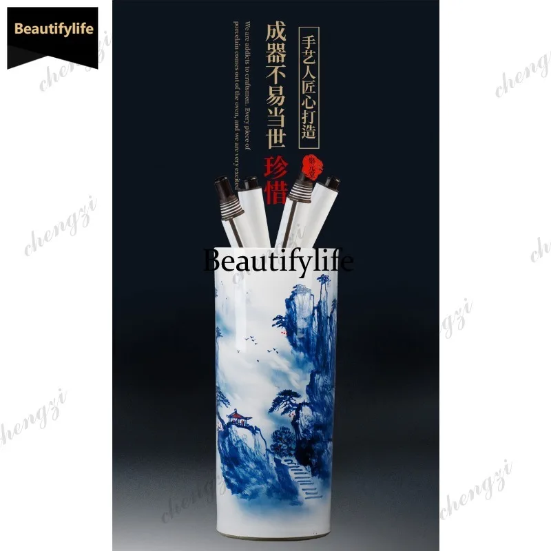 D80 Jingdezhen Ceramic Blue-and-White Vase, Calligraphy and Painting Scroll Tank, Study Storage Tube Floor Ornament
