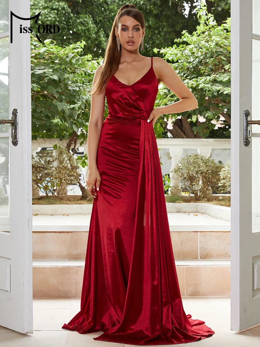 Missord Red Satin Long Evening Dress Women Elegant Spaghetti Strap V-neck Draped Bodycon Mermaid Wedding Party Dresses Prom Gown