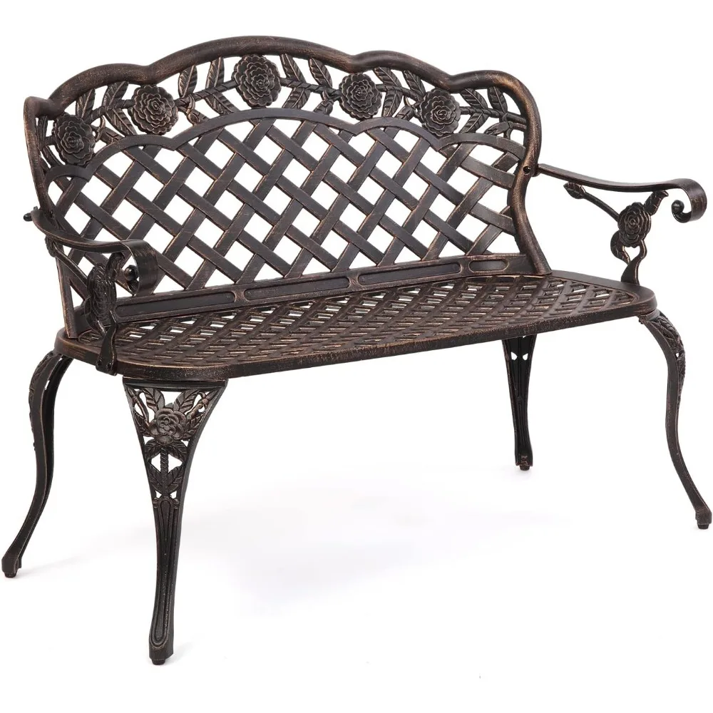 Patio Garden Bench Outdoor Metal Rose Loveseat, Cast Iron Cast Aluminium Frame Antique Finish Park Chair, Accommodates