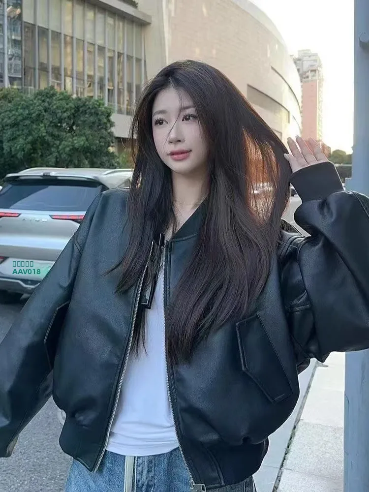 

Loose Fit ort Svel PU Leather Jaet Women's Spring Autumn Stand Collar Biker Sle Street Faion Baseball Coat