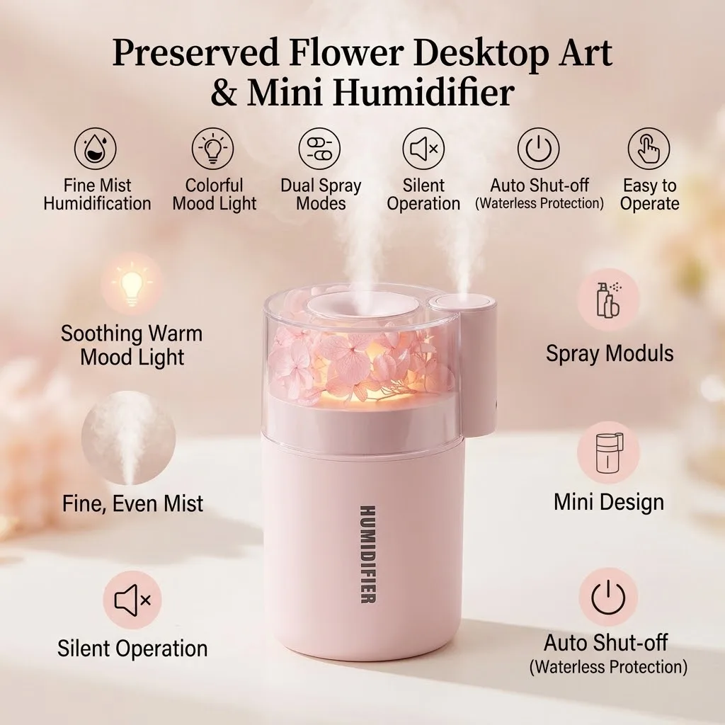 Mini Humidifier USB Dual Spray Ultrasonic Air Humidifier Colorful LED Mood Light Silent Auto‑Shut‑off Desktop Car Air Mist Maker