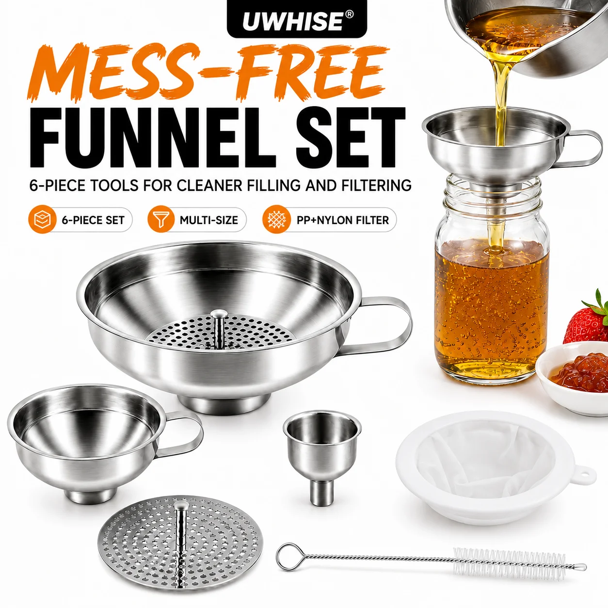 Uwhise 3/6 Pack Wide Mouth Stainless Steel Funnels Set Kitchen Oil Jam Funnel With Removable Strainer Filter For Mason Jars