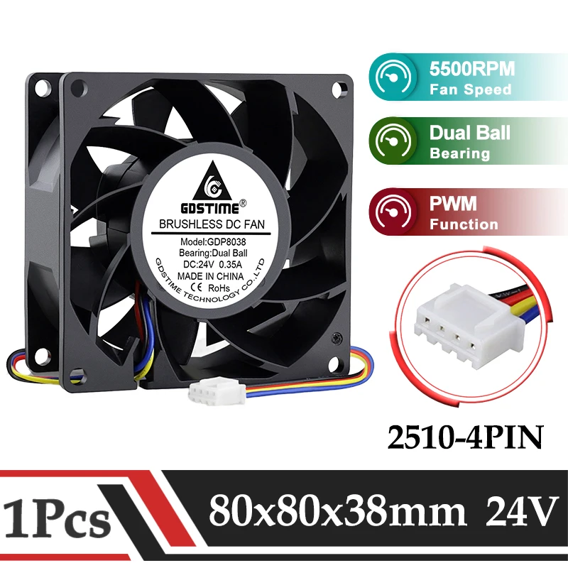 1Pcs Gdstime DC 24V 80MM 8038 Computer Case Cooling Fan 8CM 80x80x38MM Dual Ball Bearing With PWM Speed Regulation Cooler Fan