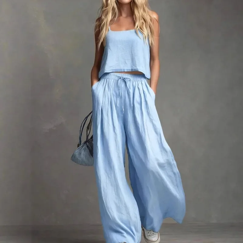 

2026 Spring and Summer Women's Solid Color Casual Cotton and Linen Suspender Top Wide Leg Pants Set