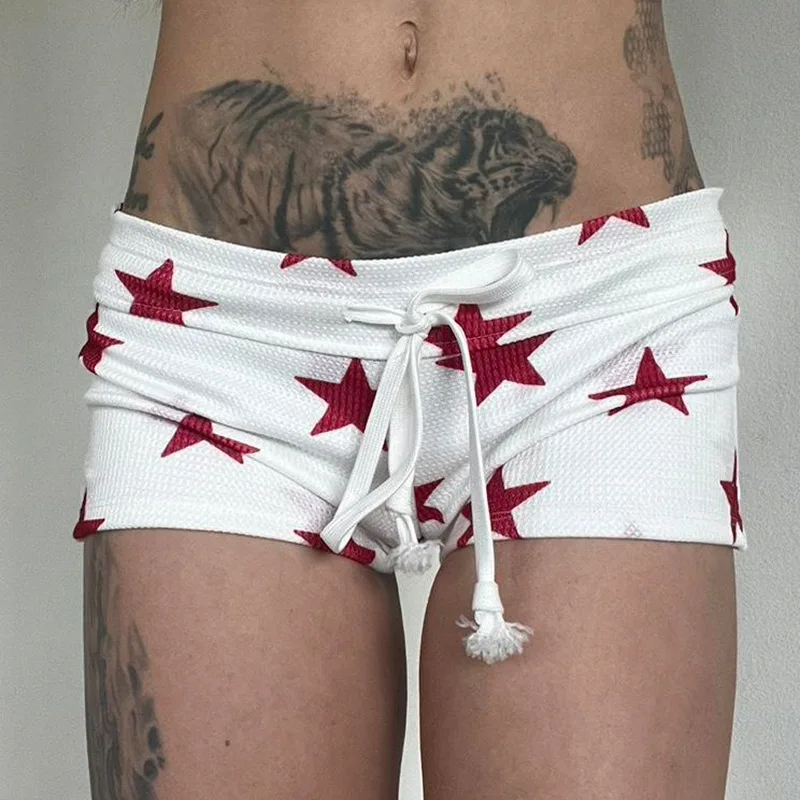 American street personality five-pointed star printed high waist slim hot pants girls hip waist lace-up shorts Y2k Style