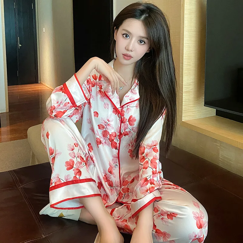 Spring Elastic Waist Pijamas Home Wear Pajamas Set Women Long Sleeve Shirt Trouser Suit Casual Print Sleepwear Loungewear