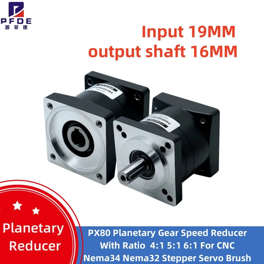 

Планетарный редуктор PX80 Планетарный редуктор скорости со передаточным числом 4:1, 5:1 6:1 для ЧПУ Nema34 Nema32 Шаговый сервопривод Вход 19 мм