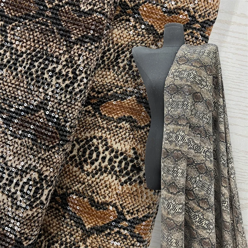 

New Product Snake Print Embroidery Elastic Sequin Fabric Skirt Evening Dress Stage Performance Costume Sequin Fabric Width 125CM