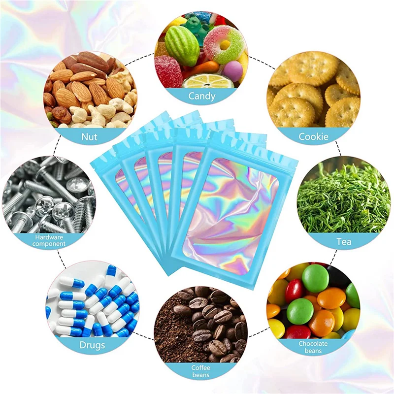 

QWE-200Pcs Resealable Holographic Bags, Smell Proof Mylar Pouch With Clear Window For Food Storage Party Favor Business