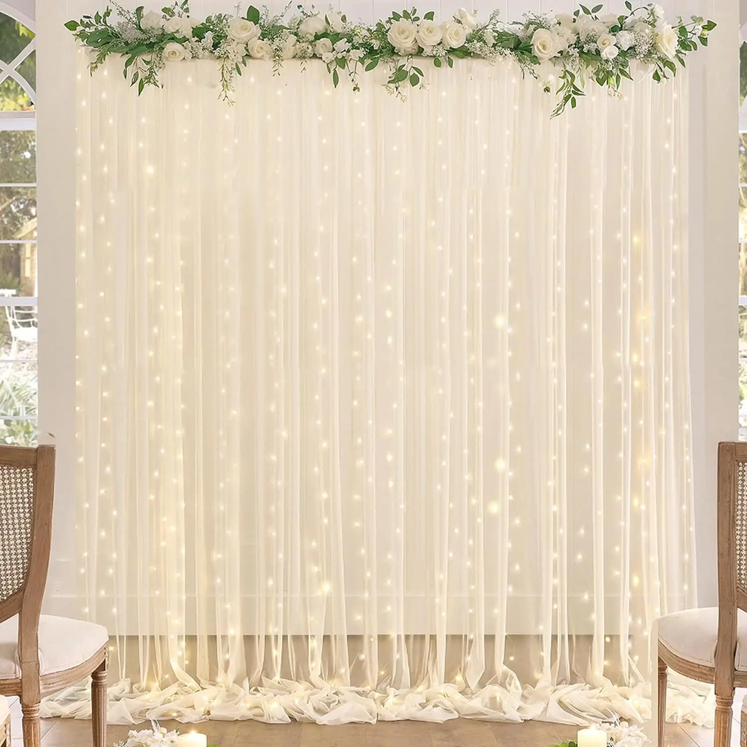 

2 Panel White Backdrop Curtains Tulle with Lights String for Photo Background Wedding Baby Shower Birthday Party Decorations