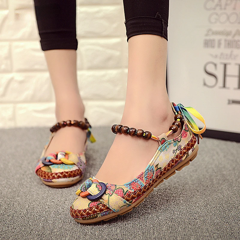 Casual Flat Shoes Women Flats Handmade Beaded Ankle Straps Loafers Zapatos Mujer Retro Ethnic Embroidered Shoes Large Size 42