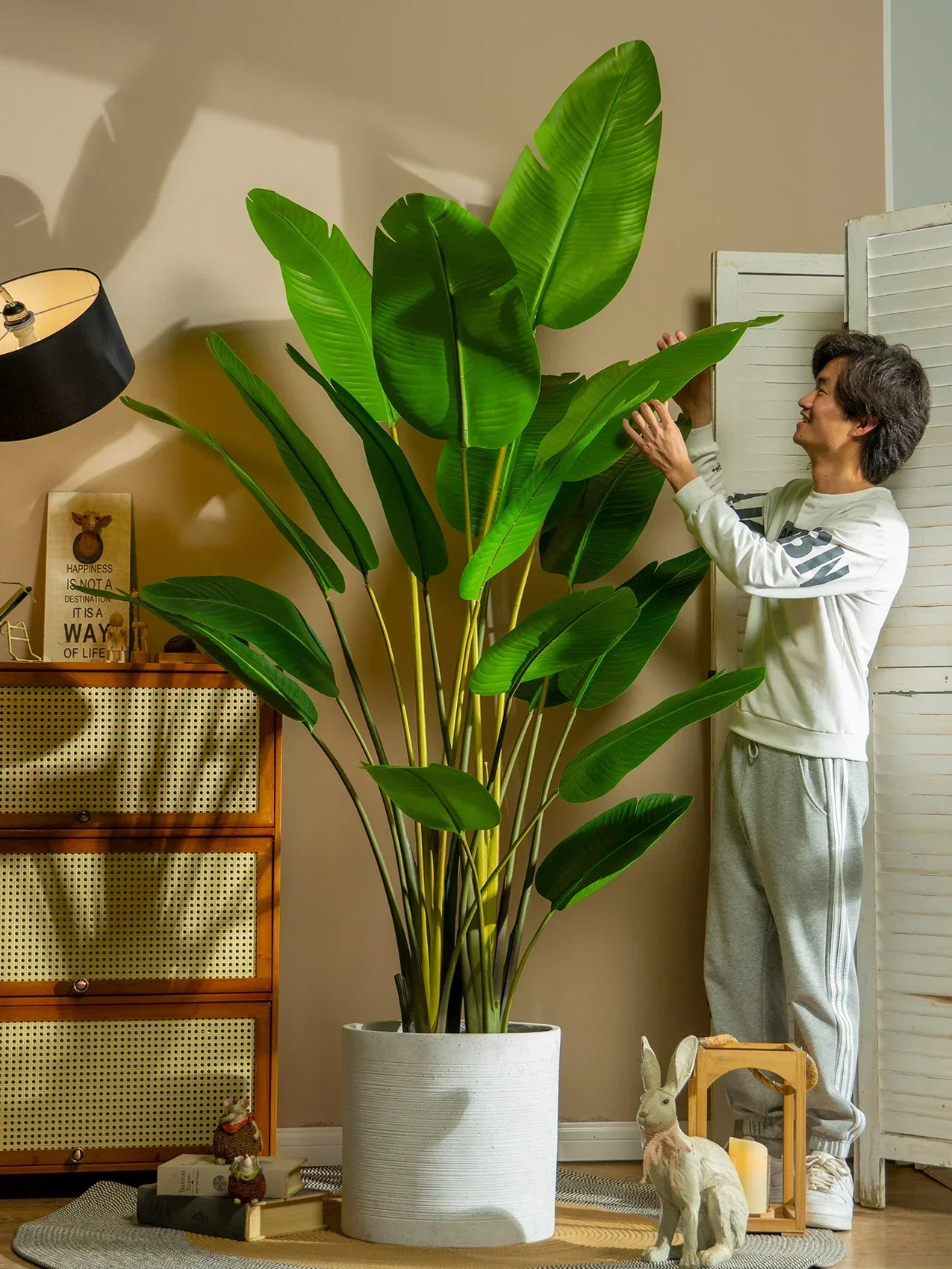 Hoja grande, viajero artificial, plátano, paraíso, pájaro, flor, planta verde biónica, árbol falso en maceta, decoración del suelo de la sala de estar interior