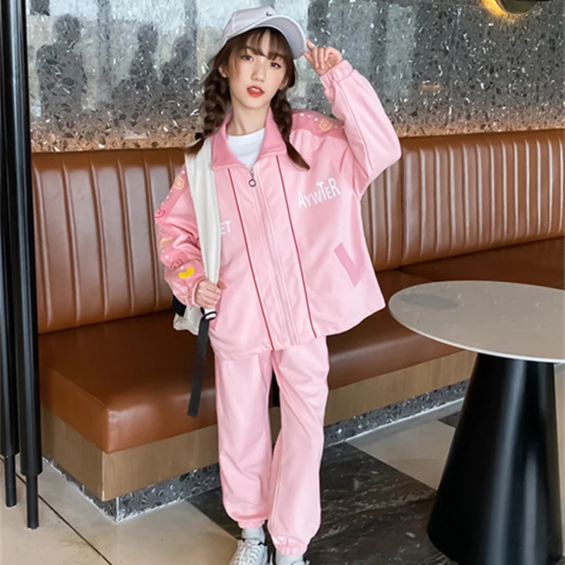 

Girls Suit Coat+Pants Cotton 2Pcs/Sets 2022 Pink Spring Summer Outfits Sports Sets Kid Tracksuit Children Clothing