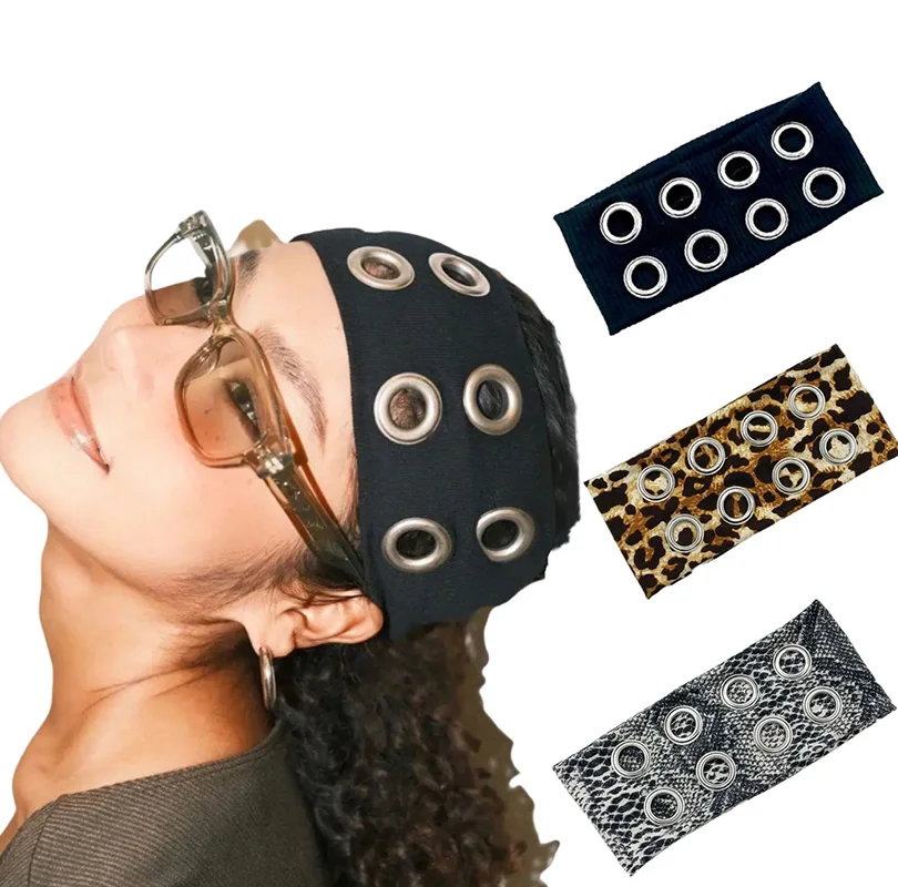 

Metal Ring Fabric Elastic Headband Punk Hair Accessory Leopard Print Head Band Elastic Hairband StretchyRock Steampunk Headbands