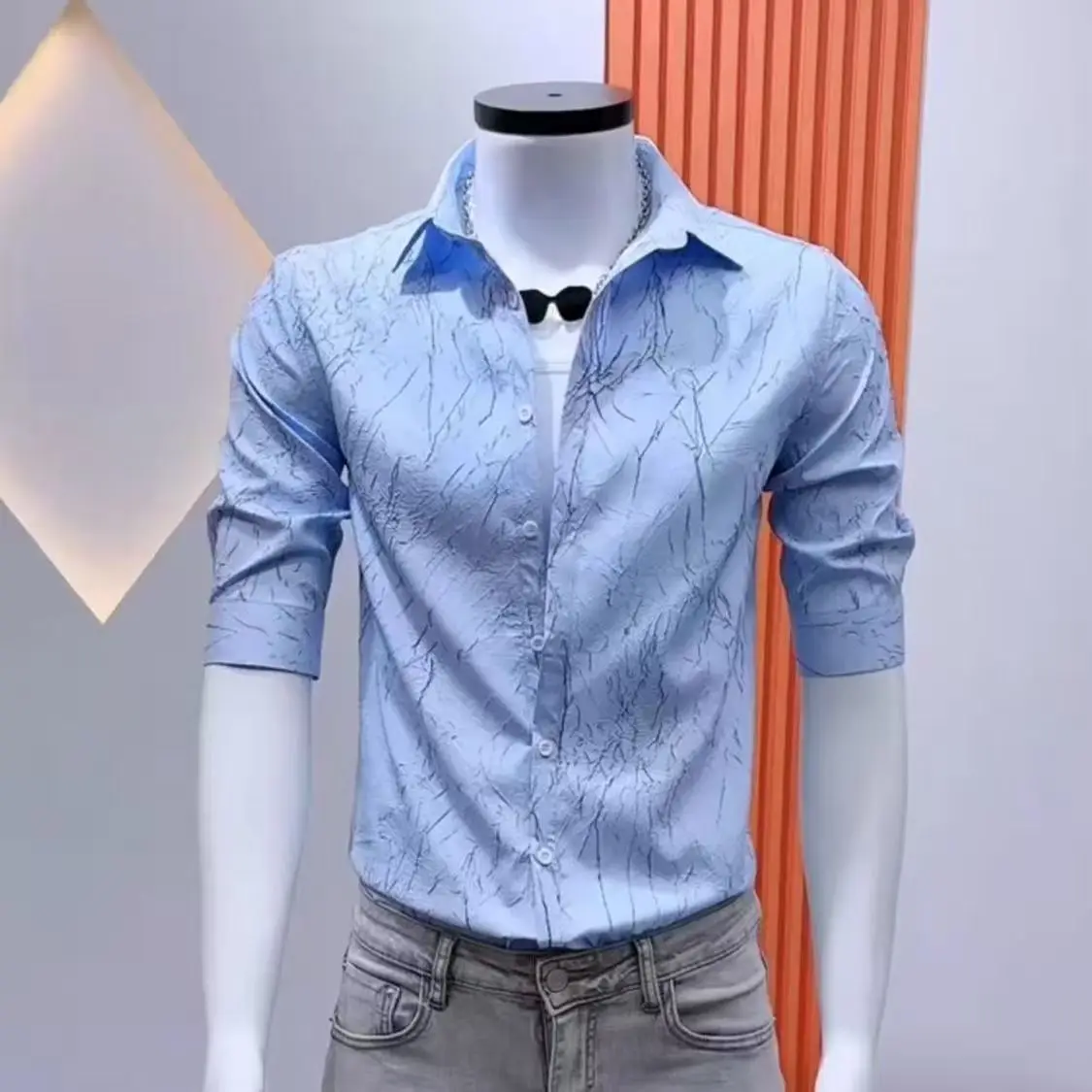 Men's Fashionable Mid-Sleeve Shirt Spring Summer Trendy Pleated Korean Style Breathable Lightweight Polyester Polyester Fiber