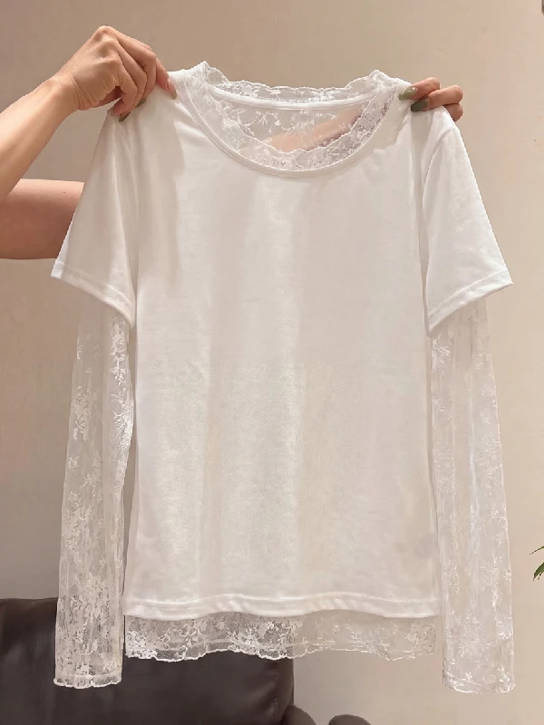 

plus Size Women's Lace Splice T-Shirt Summer Loose Fit Long Sleeve Sun Protection Top Korean Style Casual Wear Polyester Fiber