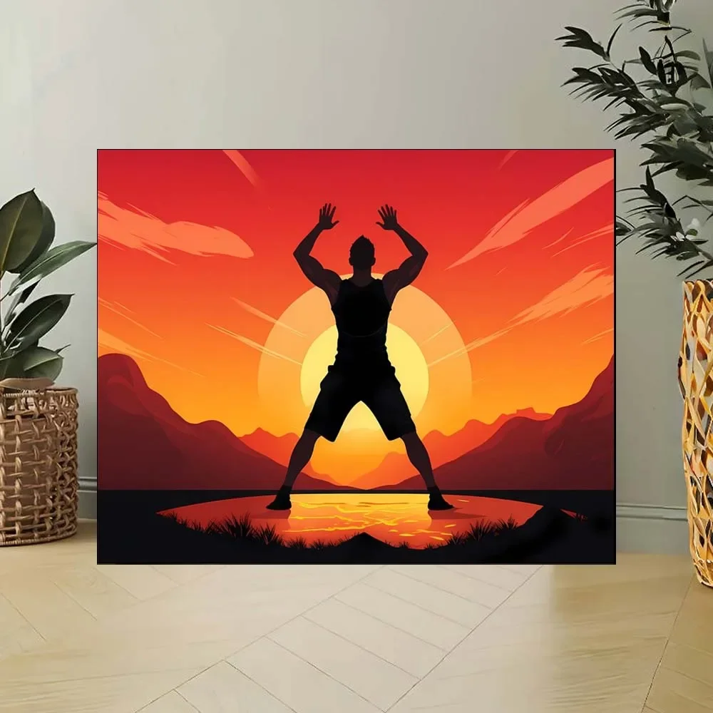 Silhouette Person in Athletic Wear at Vibrant Sunset Canvas Art Diy Digital Oil Painting Set For Beginners Adults Without Frame
