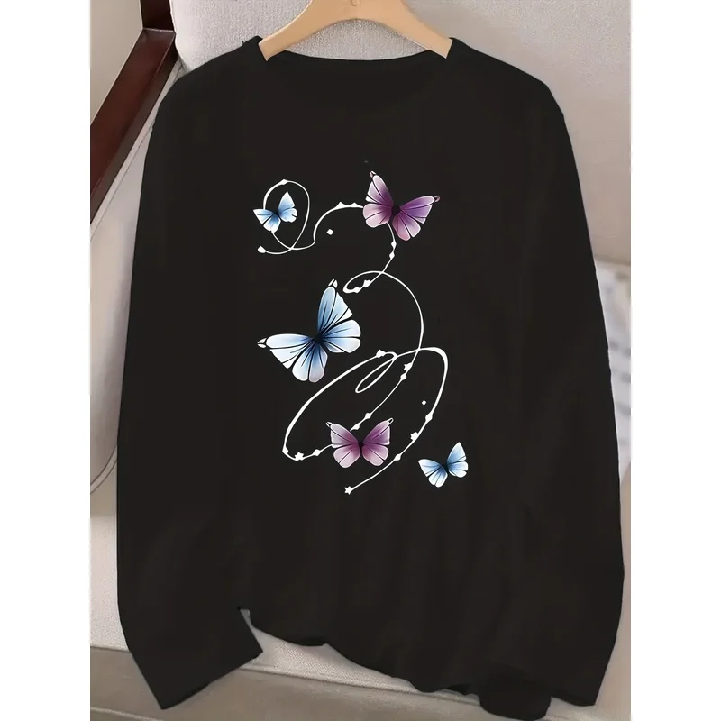 Women's Long Sleeve Top,Soft Butterfly Pattern on Black Round Neck,Casual Comfortable Everyday Layering,Suitable for All Seasons