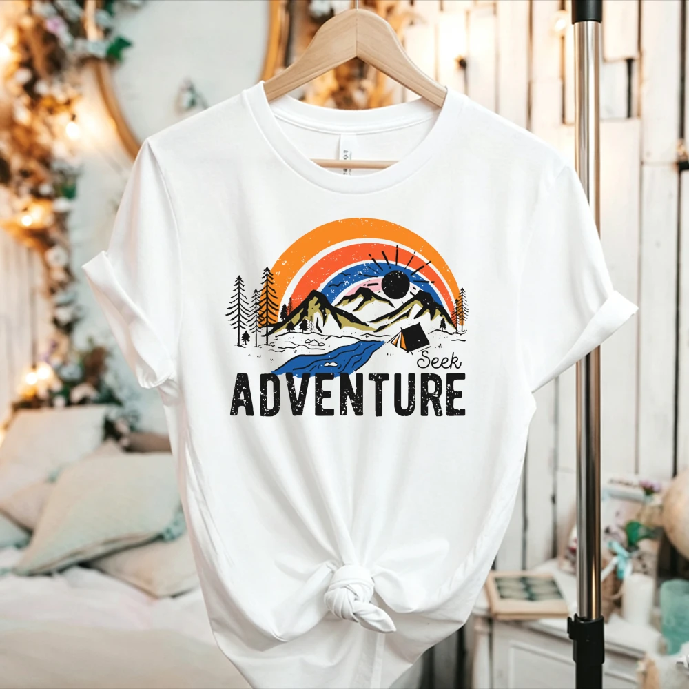 Seek Adventure Mountain Rainbow Vintage Graphic T Shirt Retro Mountain Forest Camping Sunset Casual Outdoor Hiking Adventure Tee