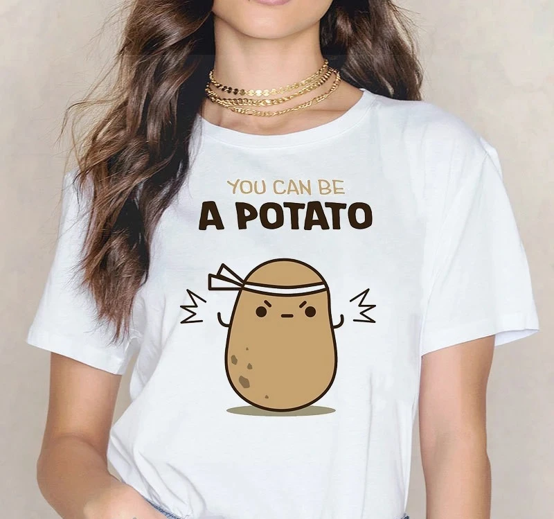 

Милая маленькая картофельная мультяшная модная и универсальная женская летняя футболка с короткими рукавами и круглым вырезом с принтом