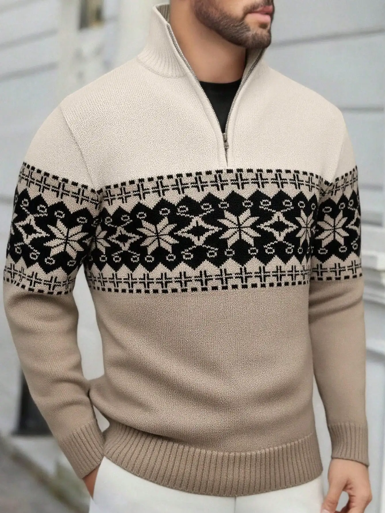 

Men's Half-Zip Turtleneck Knit Sweater with Nordic Snowflake Pattern for Autumn Winter Casual Wear