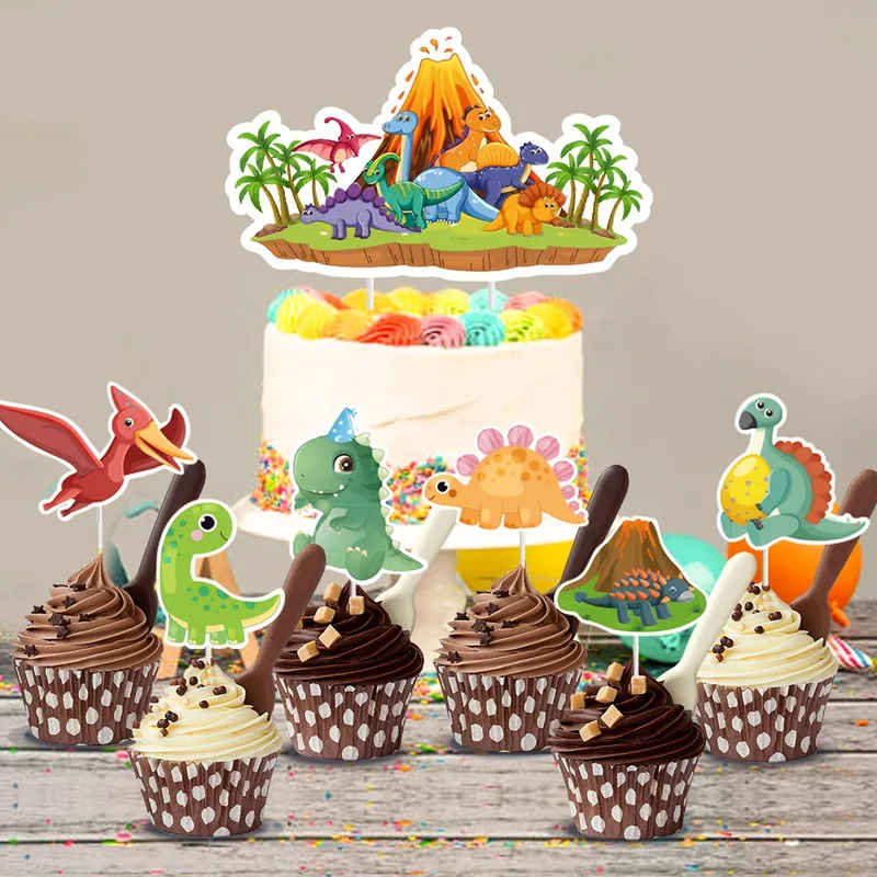 Dinosaur Cupcake Toppers Wrappers Happy Birthday Cake Topper Picks Decoration for Baby Shower 1st Birthday Theme Party Supplies