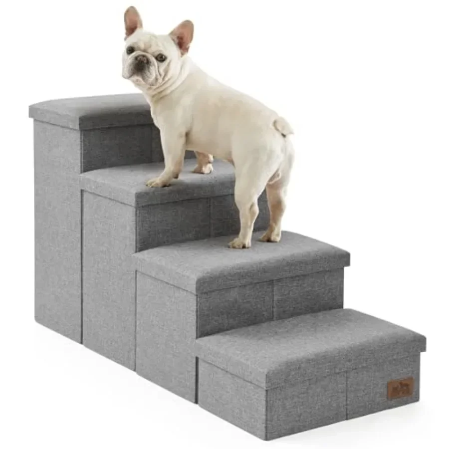 Dog Stairs with Storage for Bed/Couch/Car, Grey Polyester Fabric, 4-Step Wider Design, Sturdy Folding Ramp Holds 180 lbs