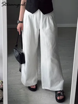 White High-Waist Formal Pants 4 Summer White Pants For Women Cotton Formal High Waist Wide Leg Trousers Ladies Elegant Summer Women's Pants Straight Leg Office 4