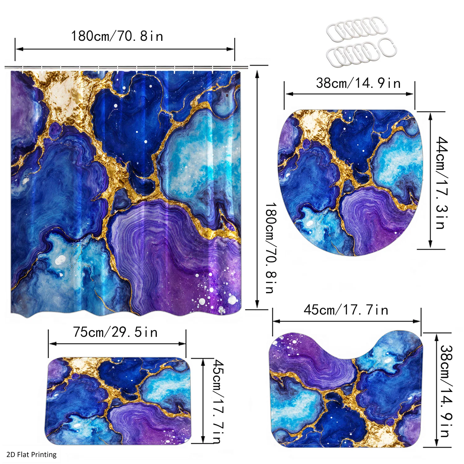 2D Flat, 4Pcs Modern Abstract Bath Curtain & Set with Non-Slip U-Shaped Carpet Suitable for Bath Mat, Shower Curtain with Hooks, Toilet Cover - Blue Purple Golden Bathroom Decor, Machine Washable for Home Bath, 2D Flat